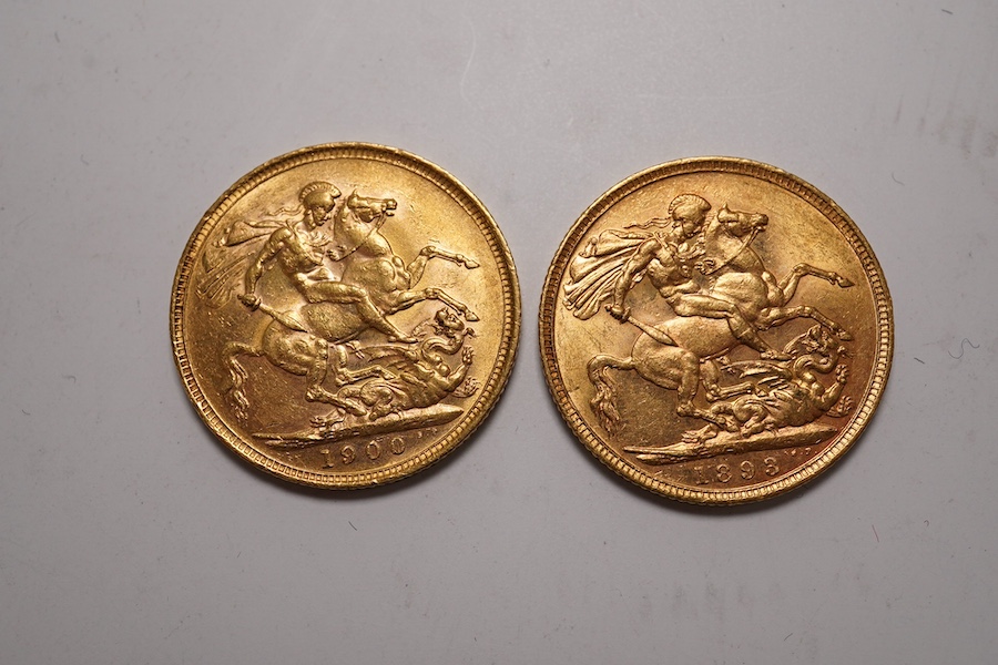 Australia gold coins, Victoria, two gold sovereigns, veiled head, 1893M, good VF and 1903M, good VF